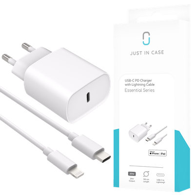 Essential 20W USB-C PD Adapter + USB-C to Lightning Cable - 150cm - White